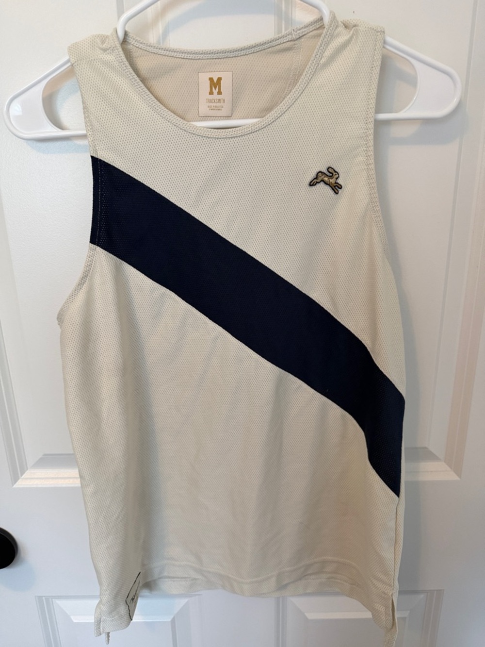 Tracksmith Cream Tank with Navy Diagonal Stripe